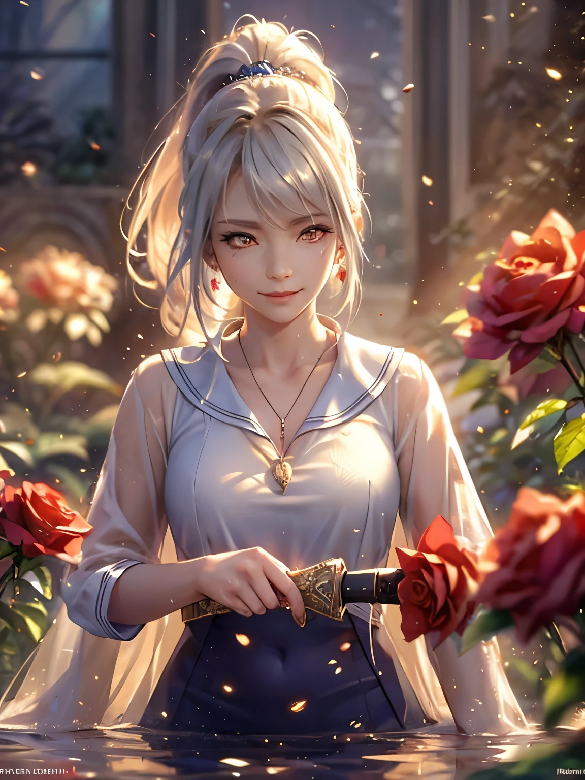 In the background is a garden filled with red roses, Silver Hair, Front Ponytail, Eye Reflexes, Red contact lenses, Pink Eyes,Heterochromia， Put on earrings, blue crystal pendant，Wicked Smile, hair band，Attention to detail, Romanticism, Depth of written boundary, Shine, Ray Tracing, Viewfinder, Zoom Layer, close, Bokeh, Anatomically correct, Attention to details, 1080p, Ultra Hi-Vision
woman，High Ponytail，Sailor suit,Half a water，get wet，More on water patterns on clothes，The expression is solemn，Holding a knife，Detailed depiction of shiny blades，reflected light，
ゴージャスで繊細にShine小さな蝶の髪飾り，Vibrant colors，Detailed engraving，Shine brightly，Attention to detail，The jewelry is of high quality，Very high quality