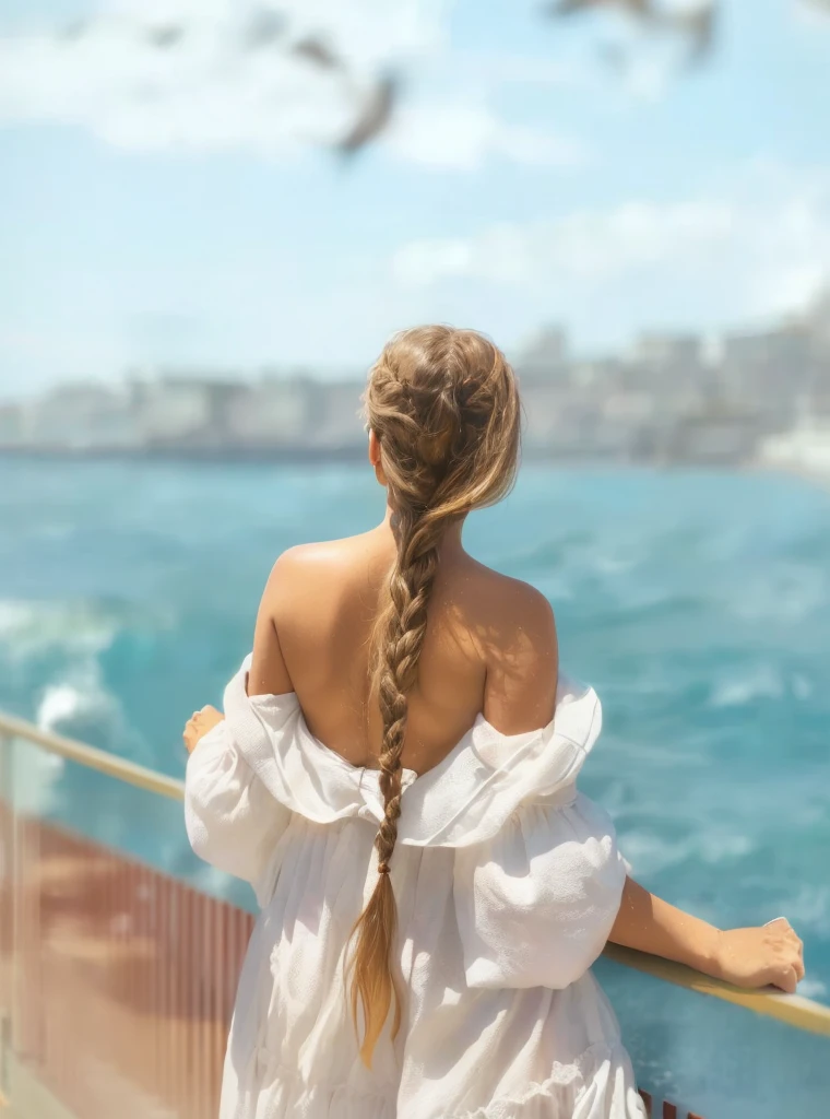 woman stands on the railing and looks at the water, looking at the sea, Girl looking at the ocean waves, woman with braided brown hair, long braided hair pulled back, looking at the ocean, Girl with braids, Looking at the water, shows her shoulder from behind, at sea, view behind, behind