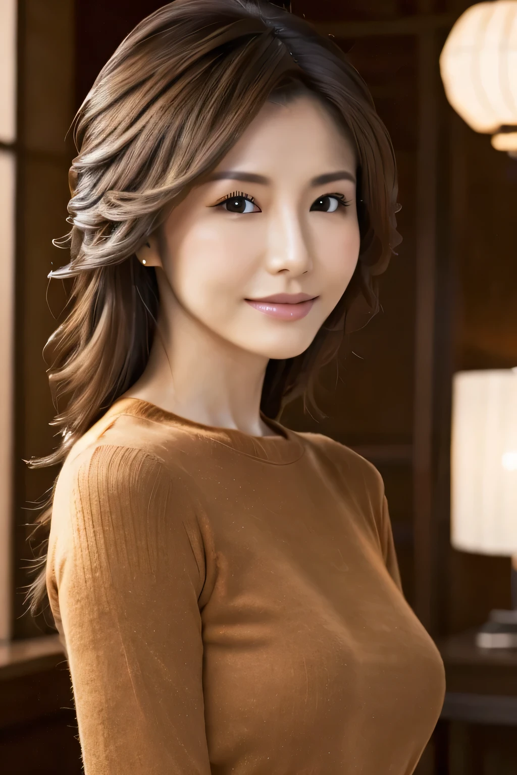 highest quality, Realistic, Perfect Human Anatomy, Very detailed, Very delicate and beautiful, Raw photo, Professional Lighting, Illumination, Depth of written boundary, Single focus, whole body, Skinny Japanese woman, 30-year-old woman, Brown Hair, Small Head, Beautiful Eyes, True Face, Realistic skin, Fine grain, (Fashionable hairstyles:1.3), Sexy pose, Absurd, Incredibly ridiculous resolution, very nice, blouse