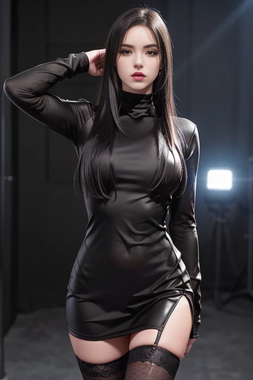 hyper realistic, 16k, best quality, masterpiece, (photorealistic:1.4), 1girl (alone), solo. Pretty young. Gothic aesthetic, goth makeup, black silky hair (realistic texture), hair fringe,  realistic eyes, pele-white skin, illuminated skin, realistic shading, (modern) black gothic dress (realistic textures), big hips, tights. waist up, dramatic lighting, from below, front, front view, multiple different poses at different angles, glowing skin, front, back lighting, athletic figure, muscular female, curvy, wide hips, colorful, looking at viewer, Hyperrealistic, gradient background, dark background, outline, cinematic lighting, (chromatic aberration, intricate details)