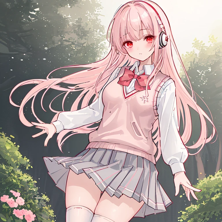 (8k、highest quality、masterpiece:1.2)、Illustration touch、Ultra-detailed、Super A High Resolution、garden、Light pink hair、long hair、Headphones、Woman in uniform、clear、High 、White long sleeve blouseと紺色のSweater vest、White long sleeve blouse、Red bow tie、The blouse is all buttoned、紺色のSweater vest、Sweater vest、Red Check Skirt、Red Check Skirt、mini skirt、White knee socks、White Pantyhose、Delicate limbs、Inner thighs、Grab the hem of your skirt、Skirts that turn over in strong winds、White panties、(School uniform:1.4)、Blushing、Embarrassed