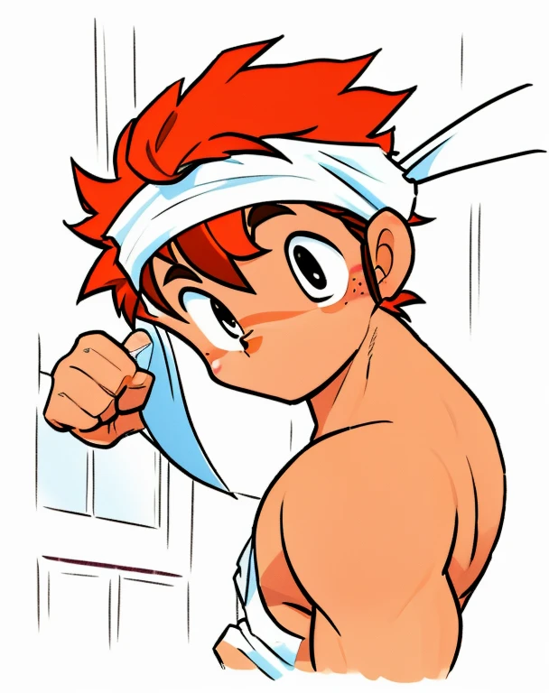 cute -yeld gin irish kid boy, fkles, white bandana, shirtless, athletic physique, strong body