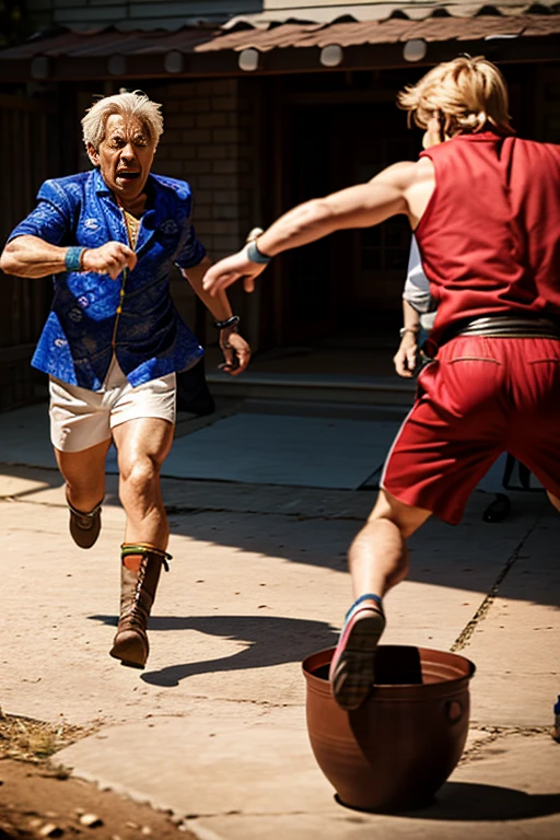 The legendary hero breaks the pot and is chased by the resident's uncle, 8k, super detail, best quality, masterpiece, (photorealistic:1.4)
