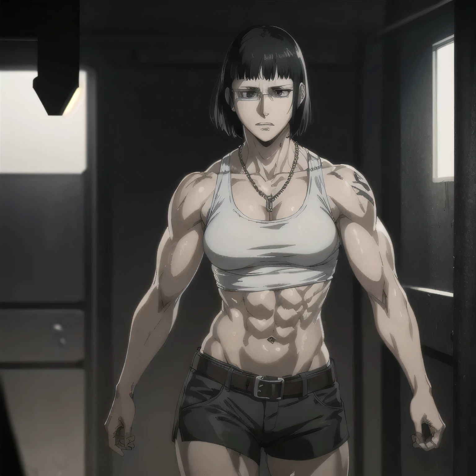 (best quality,ultra-detailed,realistic:1.37),musclaur badass girl with sculpted body with preview her musclaur body and six-pack, full review of the female character's face and body, intense expression, strong and confident posture, studio lighting, vivid colors, physiologically-based rendering, grungy texture, rugged background, dust particles in the air, commanding presence, professional, powerful, gritty aesthetics,,Valmet،short hair,necklace,clean muscles،wearing male shorts with belt and midriff tank top, tattoos on shoulders,clean clothes,