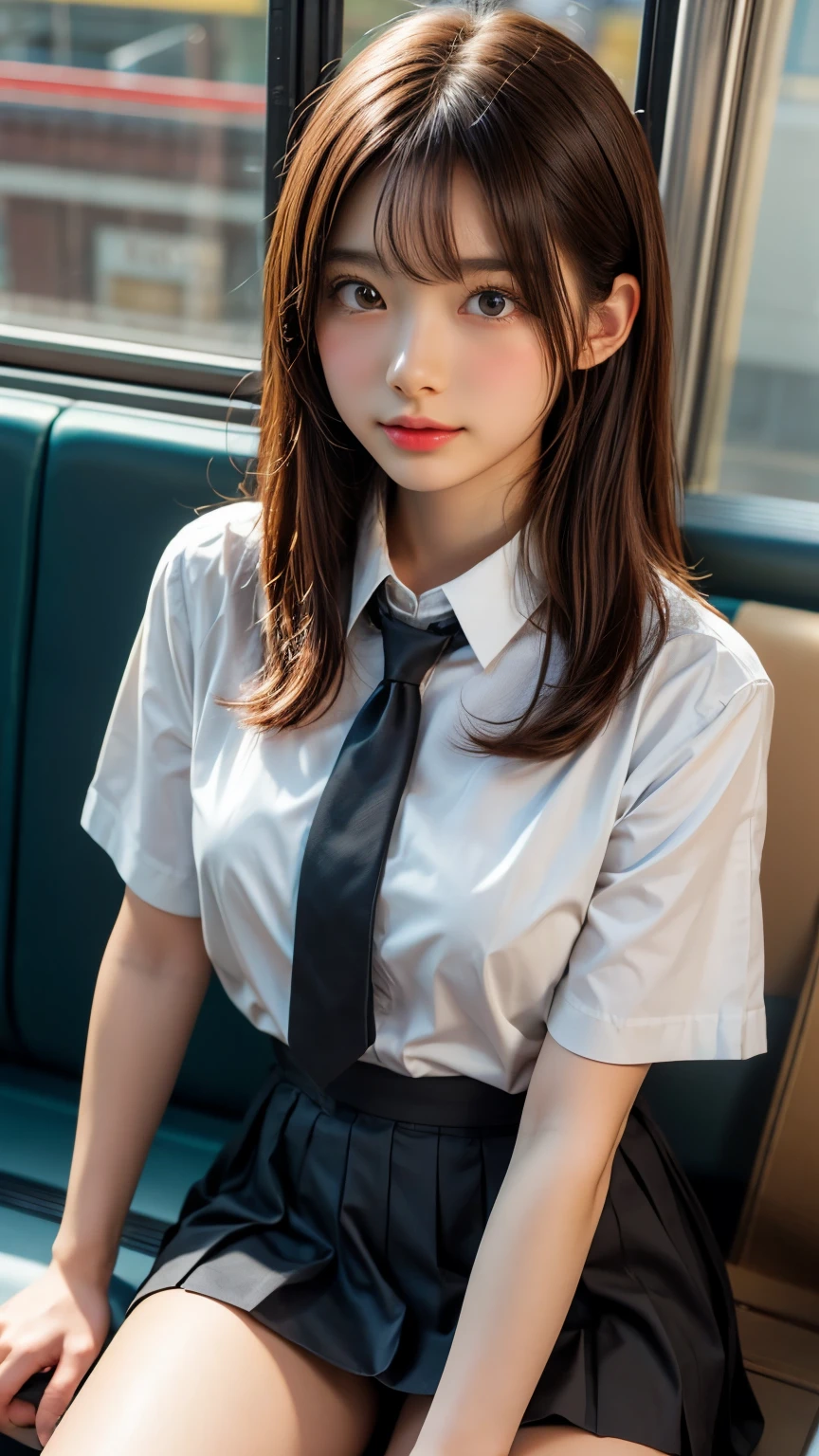 (masterpiece, highest quality:1.2), 8k,  years, 85mm, Official Art,Oversized breasts、 RAW Photos, Absurd, White dress shirt, Pretty face, close, Upper Body, Violet, Gardenias, beautiful girl, , (Navy Pleated Skirt:1.1), Squeeze the waist, Thighs, Short sleeve, in the train, Sitting on a bench seat, View your viewers, No makeup, (smile:0.4), Film Grain, chromatic aberration, Sharp focus, Face Light, Big Tits、Bright lighting, Teen, Detailed face, Bokeh Background, (Dark red tie:1.1)