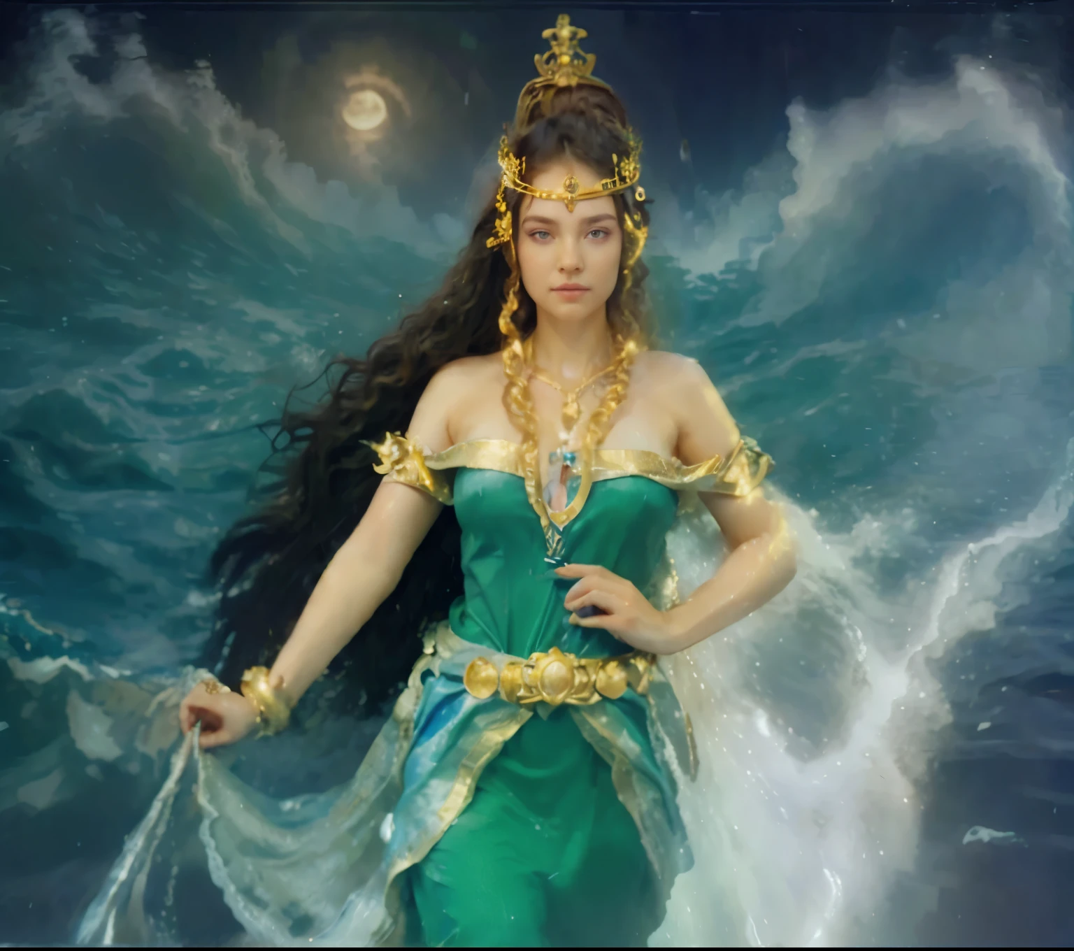 beautiful woman open eyes with crown in the middle of the sea, realistic, long hair, huge wave storm, night, moon, water bending, foggy, aura energy, 4k, hyper detailed.