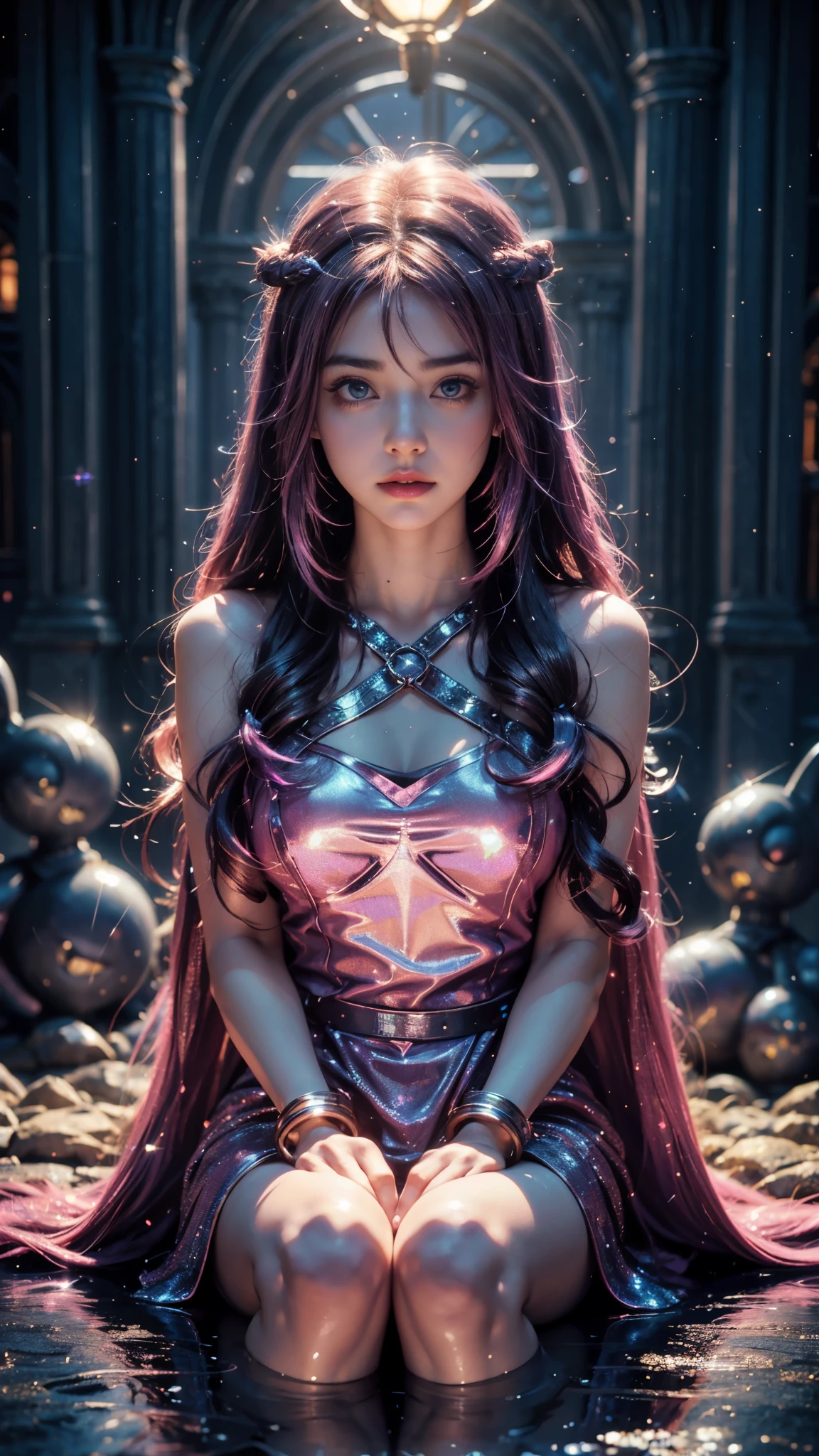 4k, UHD, masterpiece, 1 girl, good face, ((detailed eyes)), very long hair, impressive hairstyle, perfect brasts, fantasy cosplay, pink cosplay, strap cosplay, cape, night city, building, lamps, depth of field, reflection light, ((sparkle)), chromatic aberration, sitting,