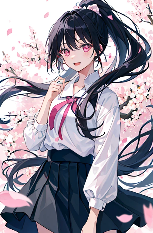 (masterpiece、Top quality、Implications、Very high quality、High level of image quality、Extremely sensitive writing),There are petals flying around、Girl with long black hair、Joyful expression、Hair blowing in the wind、High Ponytail、Pink eyes、Blue and pink shirt、Black trousers
