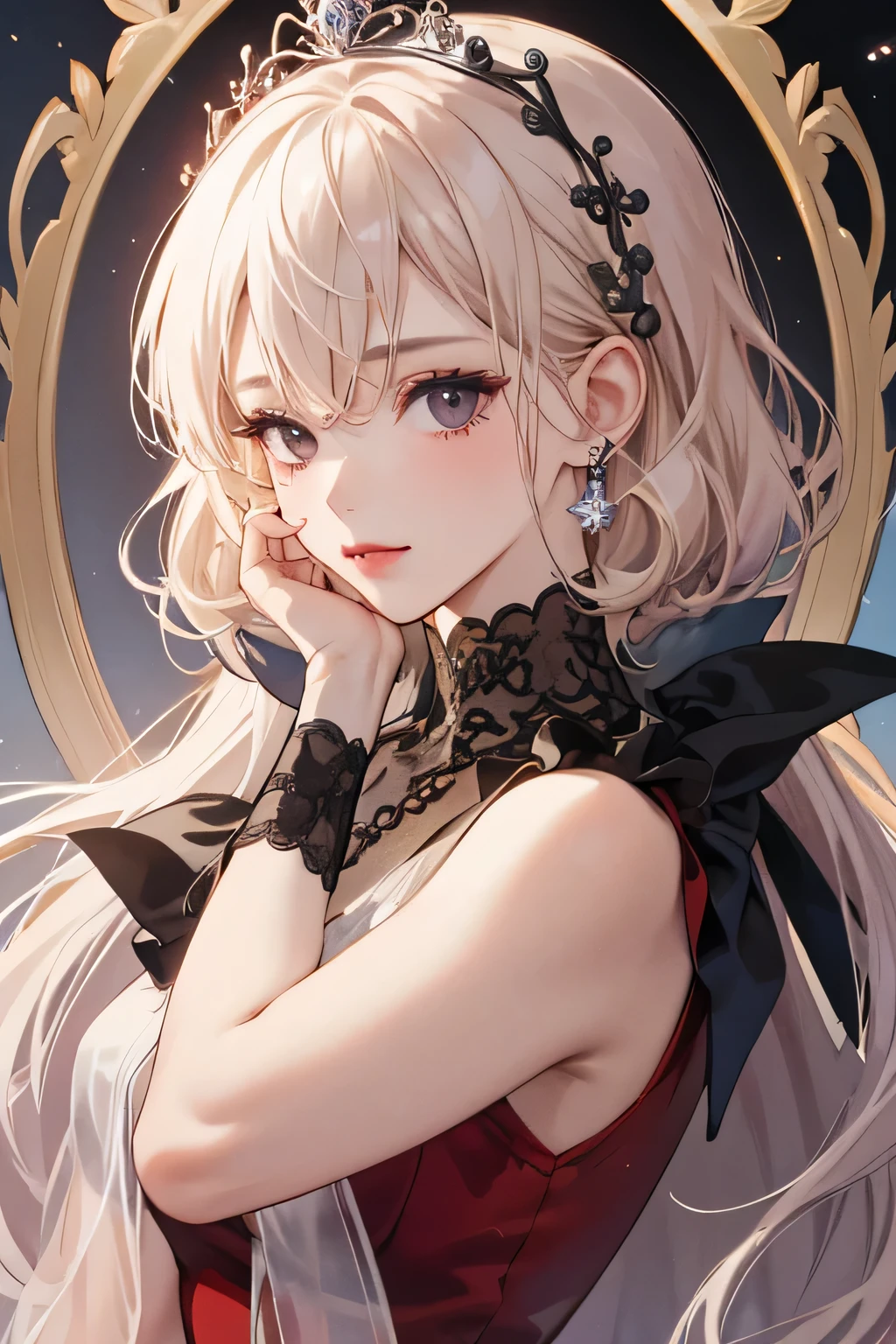 Princess, young girl, girl,1 girl, beautyfull, cute, sweetie girl, shine, depicting Equal eyes, (A female god) Look at camera, depicting delicate facial features, lilac yunani romawi dress, purple gloves, gothic style, ribbon, short curl platinum blonde hair, extreme detail, delicate depiction, black eyes, royal, elegant, noble, royal dress, black eyes, black eyes, perfect eyes, jewerlly, red dress