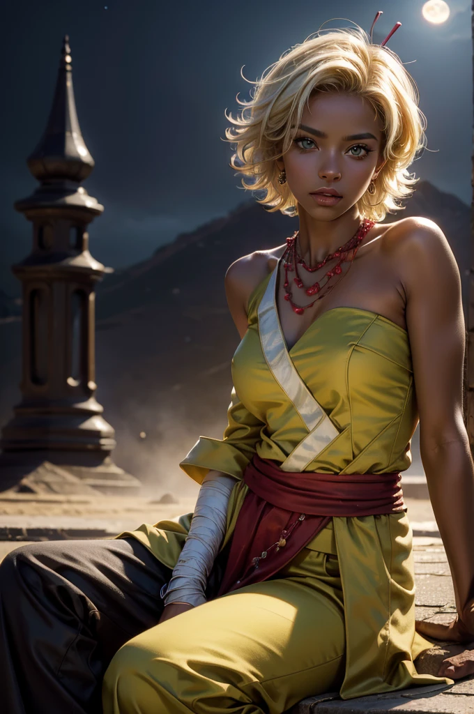 arslanaltan, stunning girlfriend, heart shaped face, elegant face, beautiful face, highly detailed face, highly detailed skin, skin pores, subsurface scattering, realistic pupils, full lips, detailed background, depth of field, atmospheric perspective, volumetric lighting, sharp focus, absurdres, realistic proportions, good anatomy, (realistic, hyperrealistic:1.4), 16k hdr, 1girl, blonde hair, short hair, green eyes, dark skin, brown skin, hair ornament, sash, baggy pants, bandages, bare shoulders, necklace, (Masterpiece, Best Quality, Highres:1.2), Detailed, Intricate Details, 4K, solo, cowboy shot, high rating, standing, rooftop, city, looking at viewer, night, stars, moon