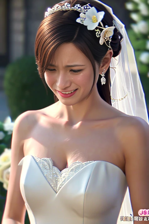 a japanese beautiful woman, 25 years old, , 8k, super detail, best quality, masterpiece, (photorealistic:1.4), (happy crying:1.3), Wedding dress, (From the chest up:1.5), first-person view