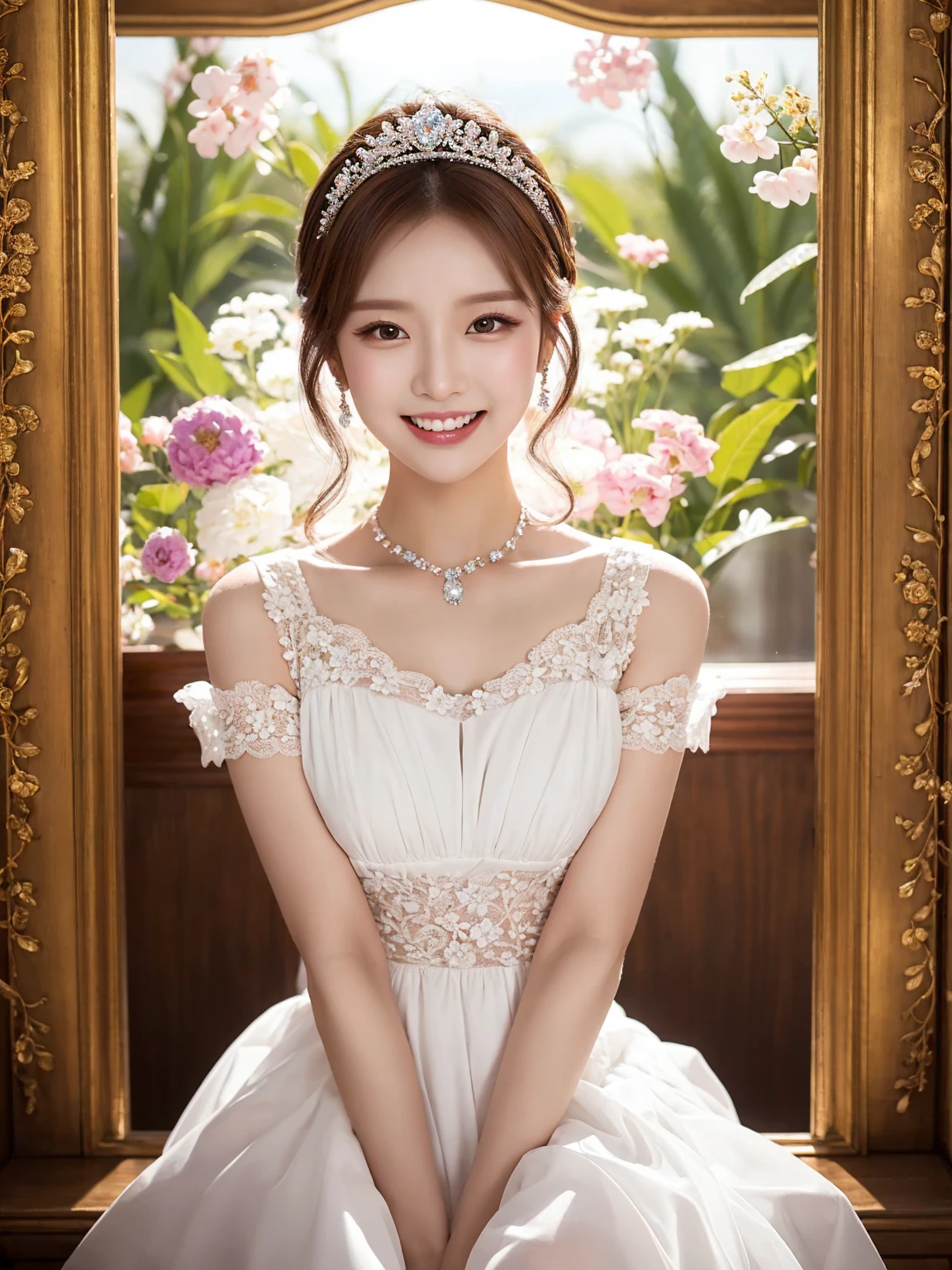 multicolor theme, Flower background, luxurious decorative background, Araped woman wearing dress,masterpiece, short_dress, lace-trimmed_dress, brown_hair, short_dress, collared_dress, 1 woman, best face, chassis, blackpink jennie, Yanjun Chengt, Popular Korean Makeup, Exciting and cute aesthetics, Jinyoung Shin, Popular Korean Makeup, Inspired by Hwangji, Beautiful girl, really beautiful and cute girl, laugh, smile, White Teeth,Swarovski, small tiara