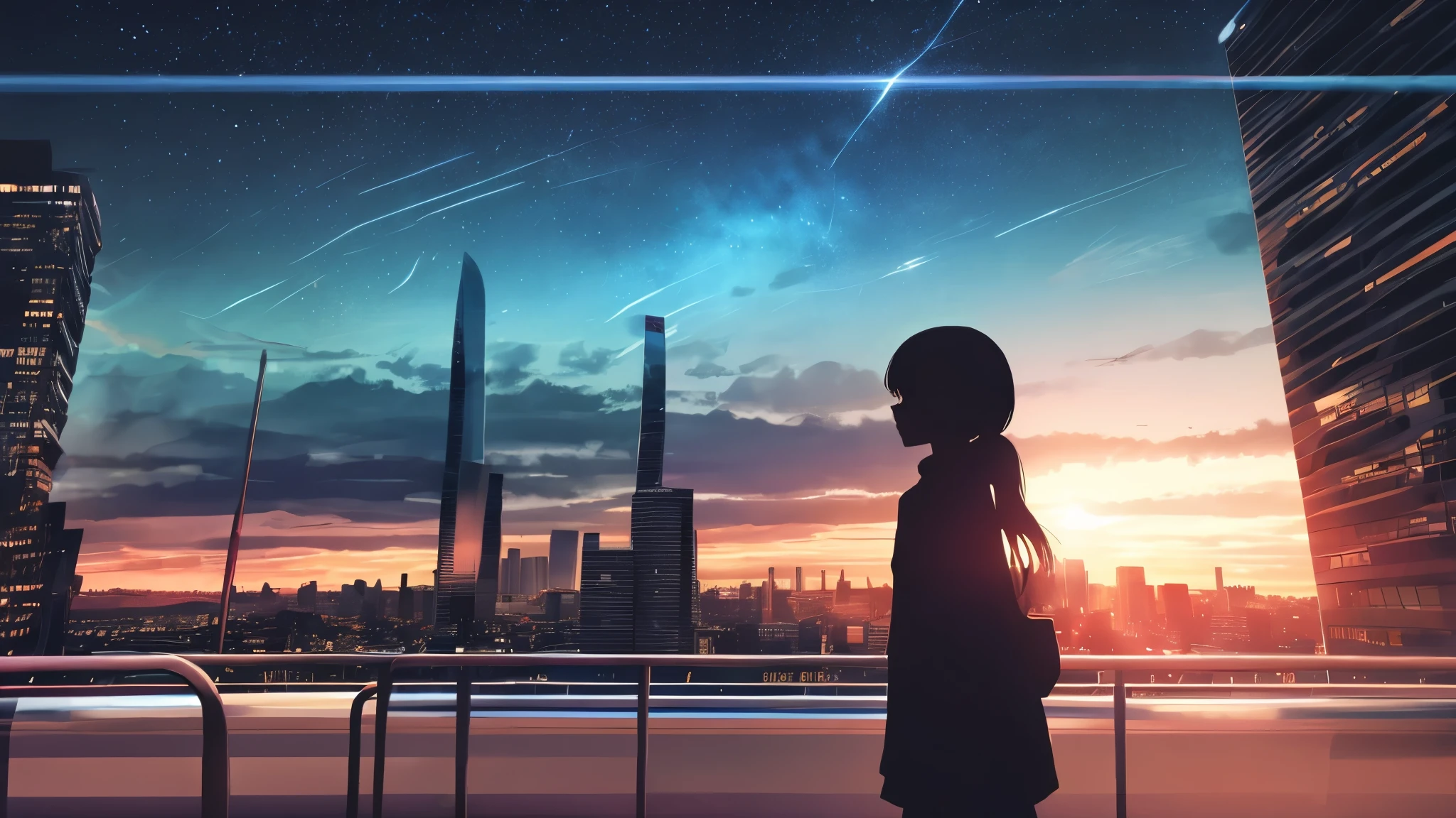 anime,silhouette,1girl, star (sky), cloud, headphone、Inside the train 、cityscape, building, city, outdoors, skyscraper, city lights, night, night sky, sunset, skyline