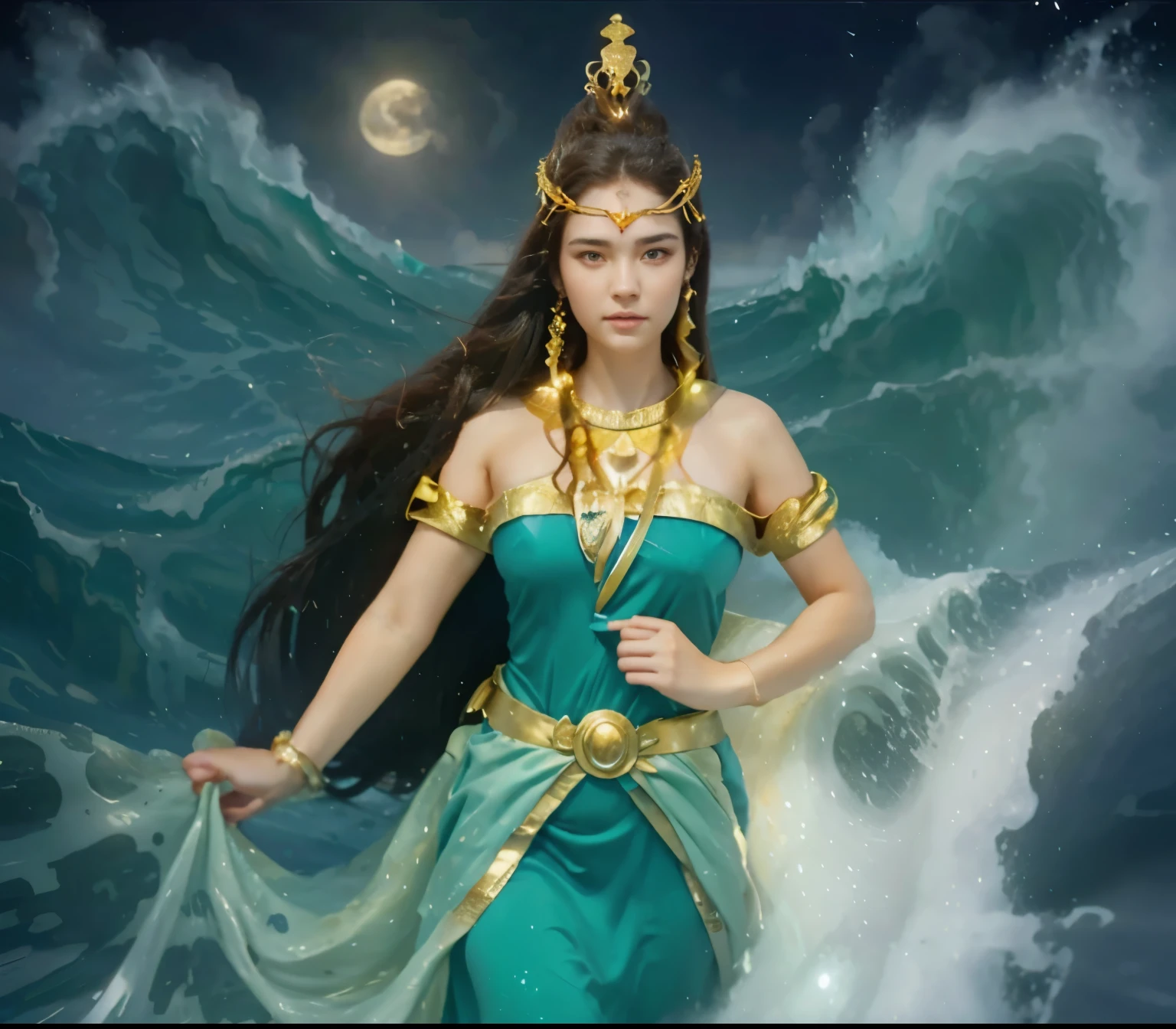 beautiful woman open eyes with crown in the middle of the sea, realistic, long hair, huge wave storm, night, moon, water bending, foggy, aura energy, 4k, hyper detailed.