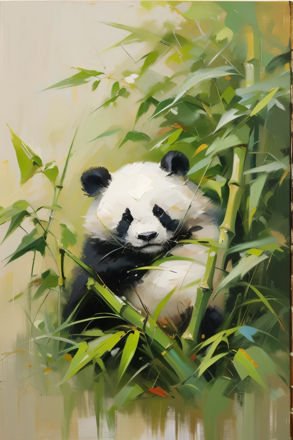 Bamboo, painting, impressionist style, nature,  panda, green, black and white, texture, brushstrokes, canvas, vertical composition, art, serenity, cute, peaceful,