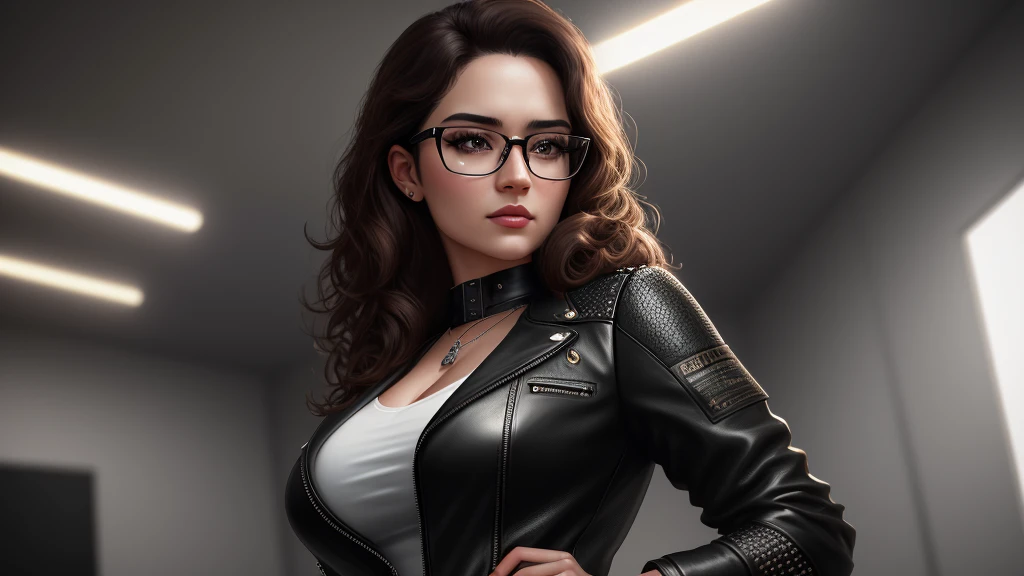 Elegant woman with medium curly brown hair, Brown eyes, Wear glasses,and have a gun,Thin face, Wear modern clothes, Black leather jacket, Blouse with neckline, Leather pants, Gothic style, masterpiece, highest quality, highest quality, Cinema Lighting, (Volumetric lighting), Very detailed CG 8k wallpaper unit, Concentrated, 8k wallpaper, 4k wallpaper, Very detailed, Ultra-realistic, Realistic, Sharp focus, Absurd, (High resolution: 1.2), (High Contrast), photograph, Detailed and complex, Instagram, Portraiture, Very detailedな, Digital Painting, Art Station, Concept Art, Smooth, Sharp focus, figure, Cinema Lighting,One Woman