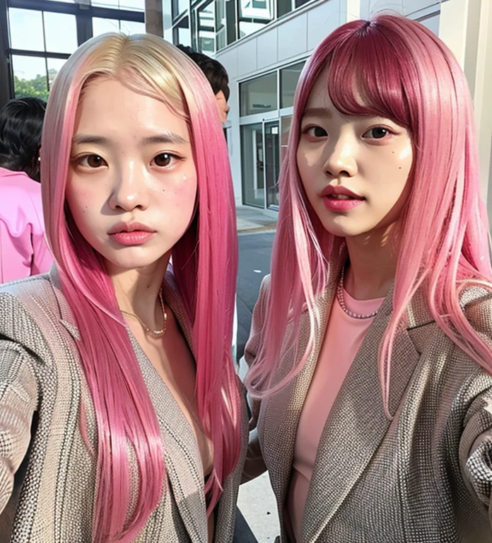 1People Girls Pink Hair Long Straight Hair Pink rubber suit Gloss slimy