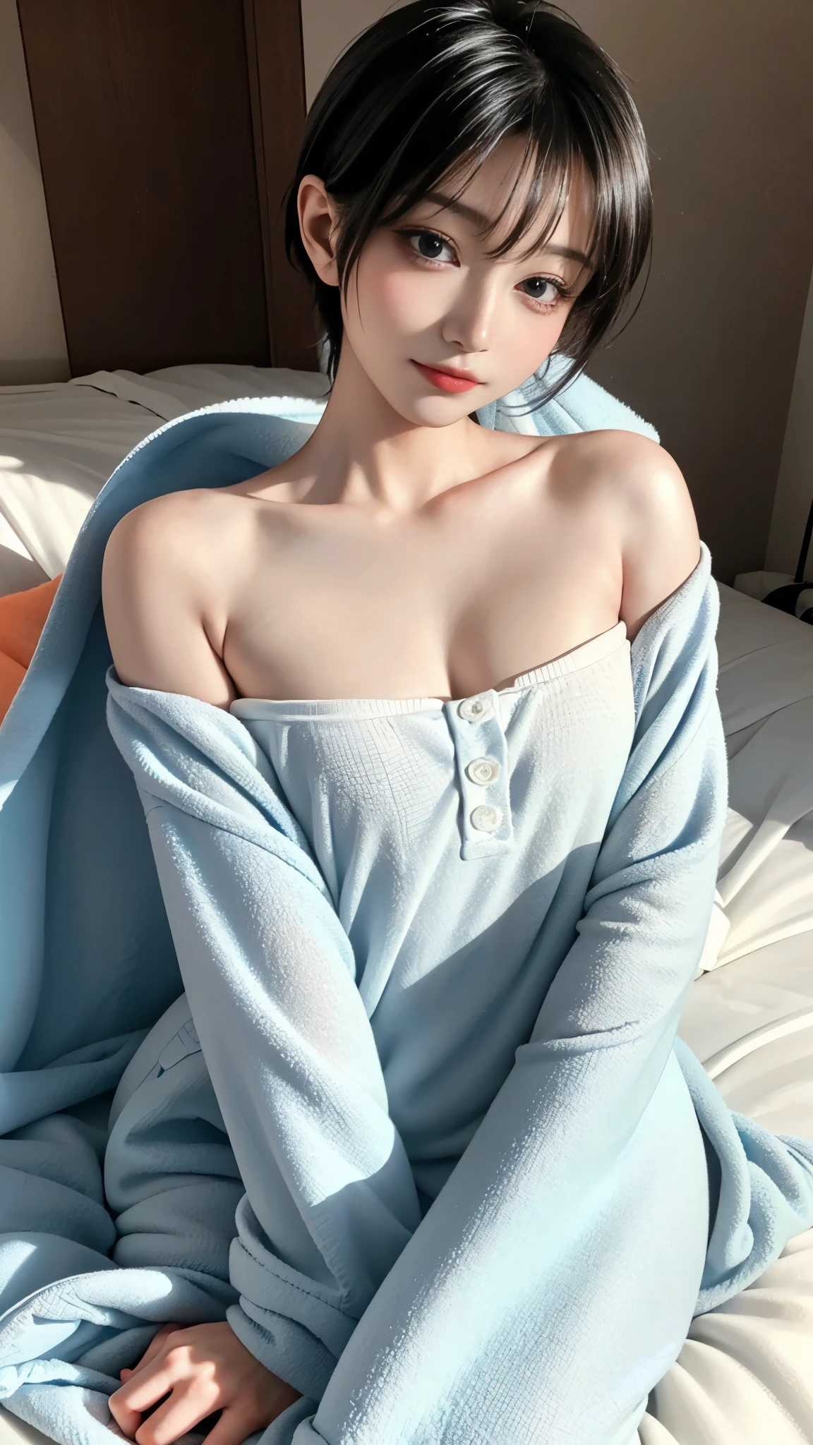 top-quality、Photorealsitic、8K、hight resolution、Girl with nipple studs、Cleft in the crotch,Super Cute、open one's legs,女の子 1 人、femele、(mideum breasts:1.8)、ryokan、bath robe、No panties、((jpn、bath robe、No bra))、Bronze hair、Short hairstyle、Slouched、((Lying on your back on a futon))、opens legs、