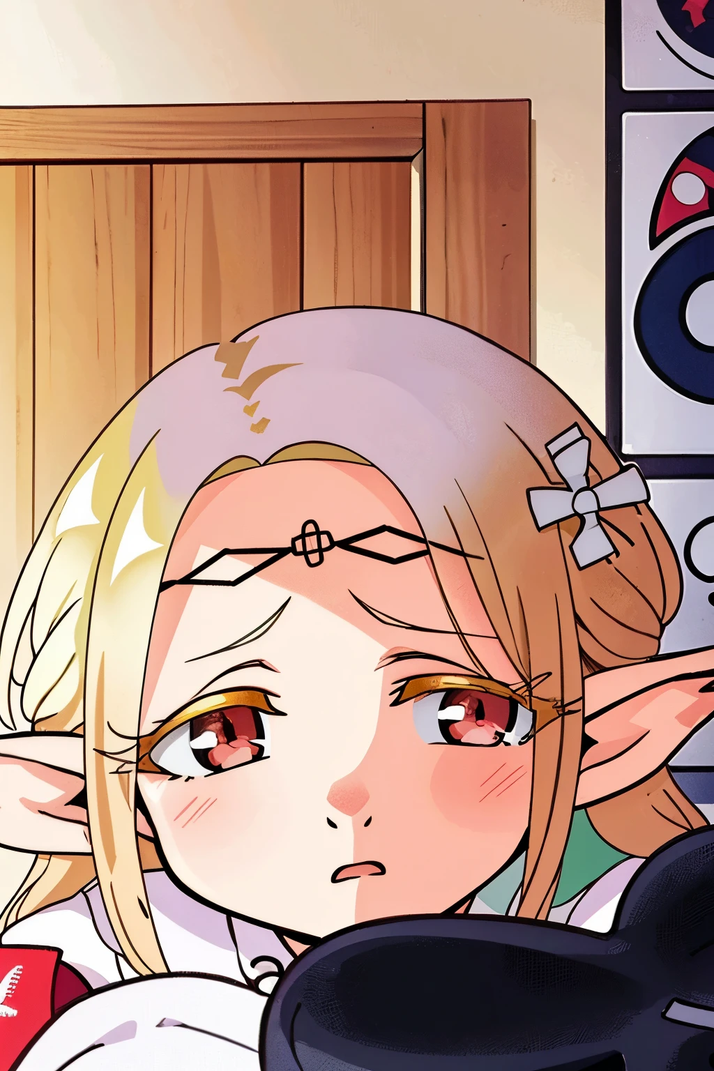 chibi character, best quality, masterpiece, cute elf girl, lazy, recluse, dirty room, elda