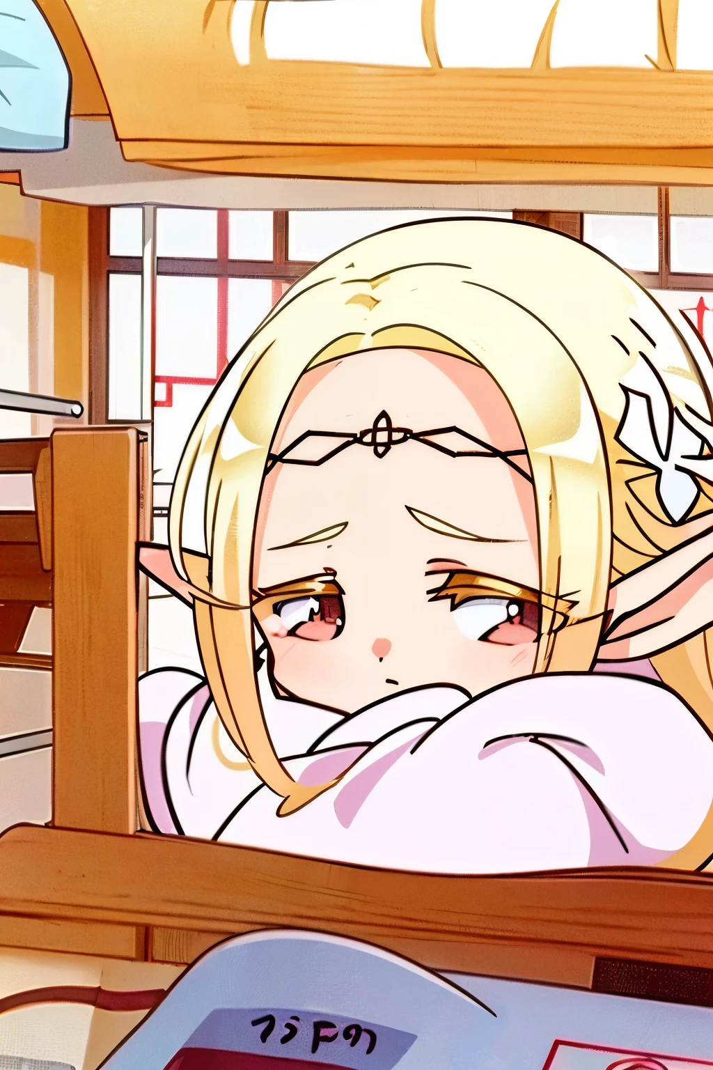 chibi character, best quality, masterpiece, cute elf girl, lazy, recluse, dirty room, elda