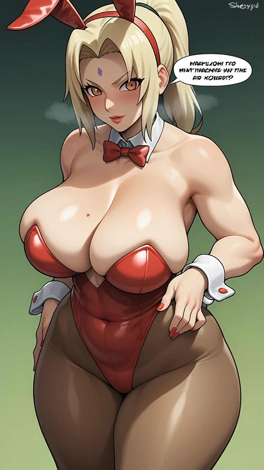 1girl, breasts, animal_ears, rabbit_ears, pantyhose, blonde_hair, solo, playboy_bunny, thick_thighs, forehead_mark, english_text, fake_animal_ears, red_leotard, wrist_cuffs, hands_on_hips, leotard, huge_breasts, tail, thighs, highleg, facial_mark, mature_female, rabbit_tail, bow, brown_eyes, highleg_leotard, curvy, cleavage, detached_collar, bowtie, covered_navel, bare_shoulders, tsunade_(naruto), strapless, ponytail, strapless_leotard, red_nails, speech_bubble, fake_tail, nail_polish