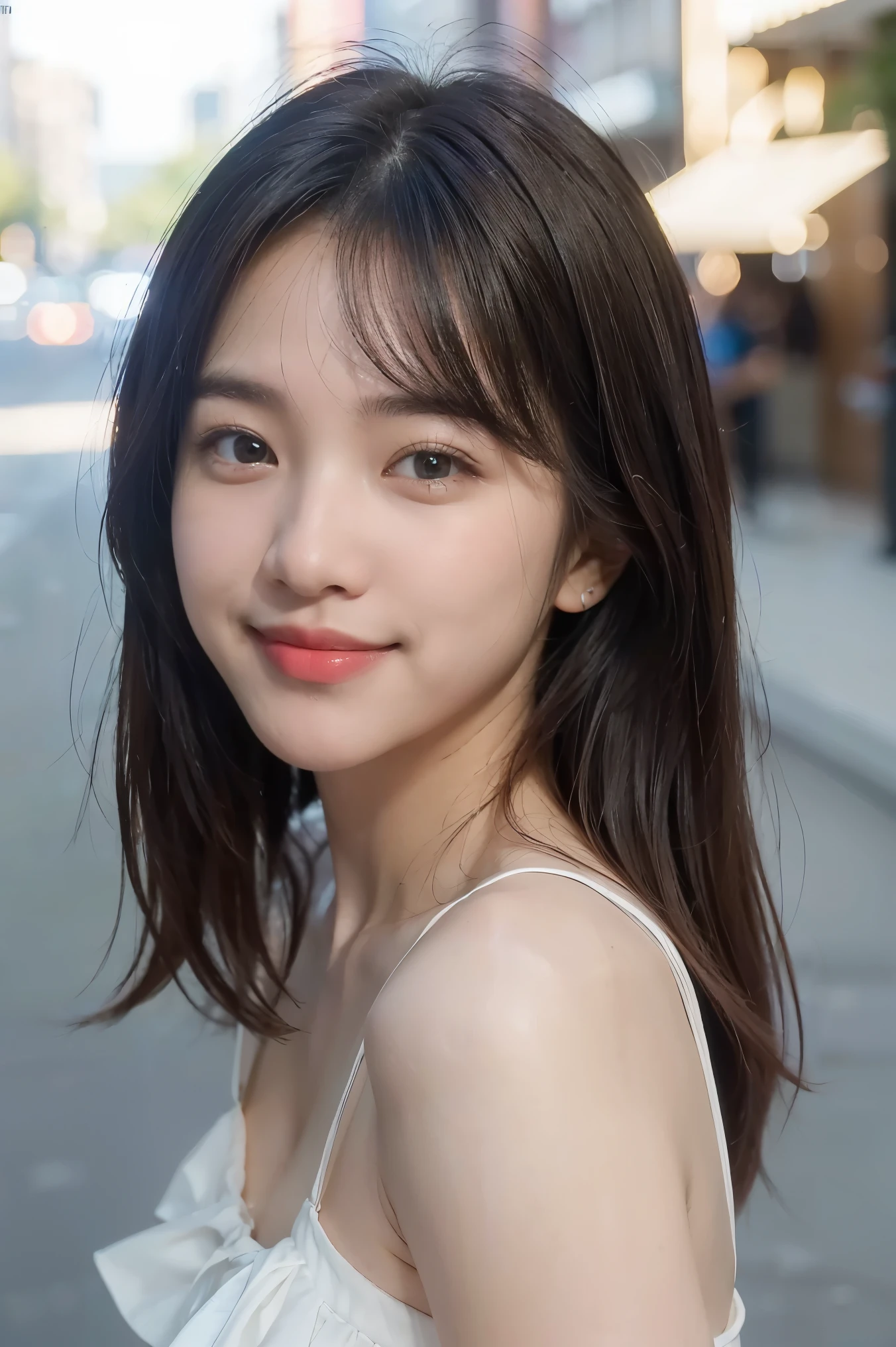 RAW photos, camera gaze, ((top quality, 8k, masterpiece: 1.3)), sharp focus: 1.2, white shirt, pretty features, best smile, cute smile, beautiful woman in perfect style: 1.4, slender abs: 1.2, dark brown hair, (natural light, city street: 1.1), highly detailed face and skin texture, detailed eyes, double eyelids