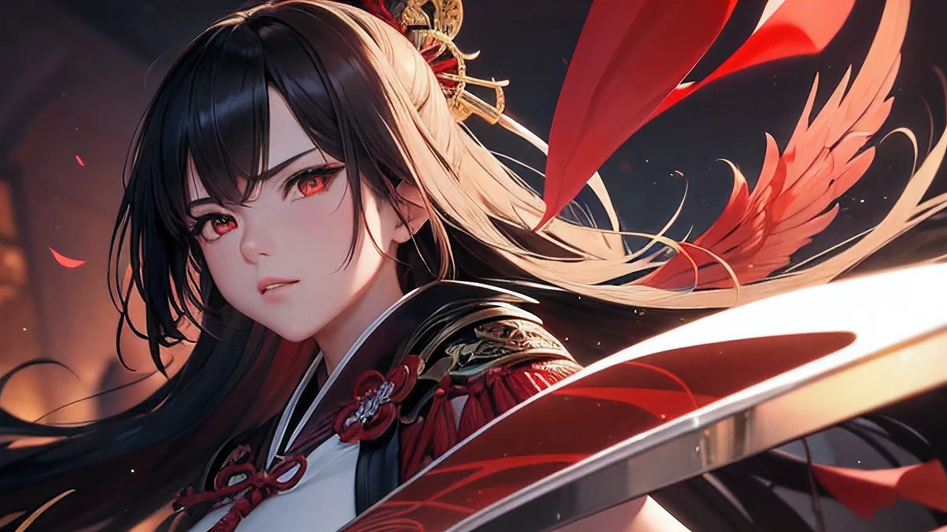 masterpiece, highest quality, Very detailed, CG illustration, High resolution, Better lighting, Best Shadow, Very delicate and beautiful, Proper shading, High resolution, 8k, Ray Tracing, Highly detailed and crisp backgrounds, Perfect lighting, Anime Style, game「Magic Swordsman」Inspired by: House of Ruby (Tengu, Winged Mountain God, Aggressive, Red and white colors), strength, Samurai Punk, alone, 1 female, Black Hair, Red eyes,  Adult, Obi tassel,