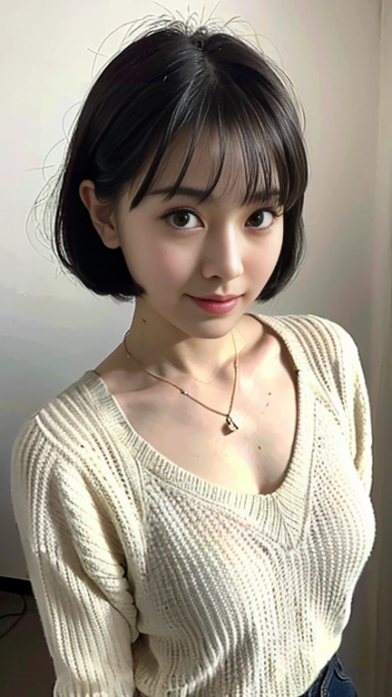 (highest quality, 8k, 32k, masterpiece, Ultra-high resolution:1.2),Cute Japanese Women Photos, Big Breasts, Very short bob hair,Upper Body,Face Focus,Extra large size_sweater, necklace, Simple Background, From above, Looking at the audience,