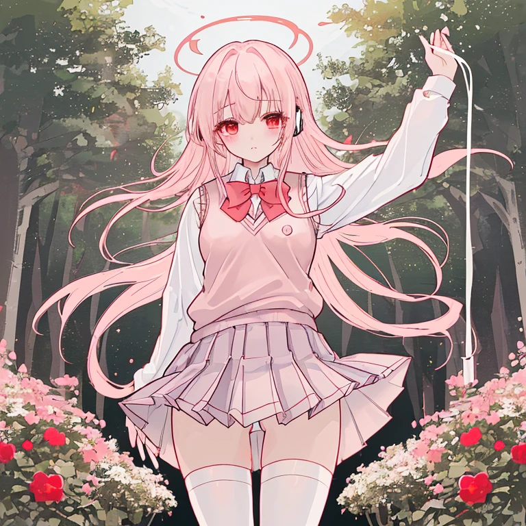 (8k、highest quality、masterpiece:1.2)、Illustration touch、Ultra-detailed、Super A High Resolution、garden、Light pink hair、long hair、Headphones、Woman in uniform、clear、High 、White long sleeve blouseと紺色のSweater vest、White long sleeve blouse、Red bow tie、The blouse is all buttoned、紺色のSweater vest、Sweater vest、Red Check Skirt、Red Check Skirt、mini skirt、White knee socks、White Pantyhose、Delicate limbs、Inner thighs、Grab the hem of your skirt、Skirts that turn over in strong winds、White panties、(School uniform:1.4)、Blushing、Embarrassed