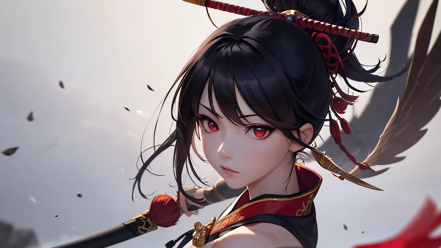 masterpiece, highest quality, Very detailed, CG illustration, High resolution, Better lighting, Best Shadow, Very delicate and beautiful, Proper shading, High resolution, 8k, Ray Tracing, Highly detailed and crisp backgrounds, Perfect lighting, Anime Style, game「Magic Swordsman」Inspired by: House of Ruby (Tengu, Winged Mountain God, Aggressive, Red and white colors), strength, Samurai Punk, alone, 1 female, Black Hair, Red eyes, Adult, Obi tassel,