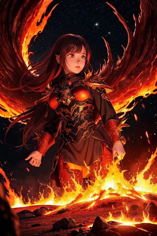 Create a female monster as a lava demon。She is horrified、god秘的な力を持ち、god々Standing against a beautiful background。Her skin has lava-like red and black tones.、It has a flame-like pattern and shine.。Her hair is a fiery shade of red and orange.、god秘的な光を放っています。Her eyes glow deep red、It has a piercing gaze that inspires fear.。Her body is powerful、Elegant、Decorated with magical ornaments and engravings。背景はgod々It is a beautiful volcanic landscape.、You might see lava flowing and flames erupting.。The air is filled with heat、Red and orange lights shine in space。The generated image is、Perfect for providing terrifying yet beautiful images for horror movie posters and fantasy novel covers.。
