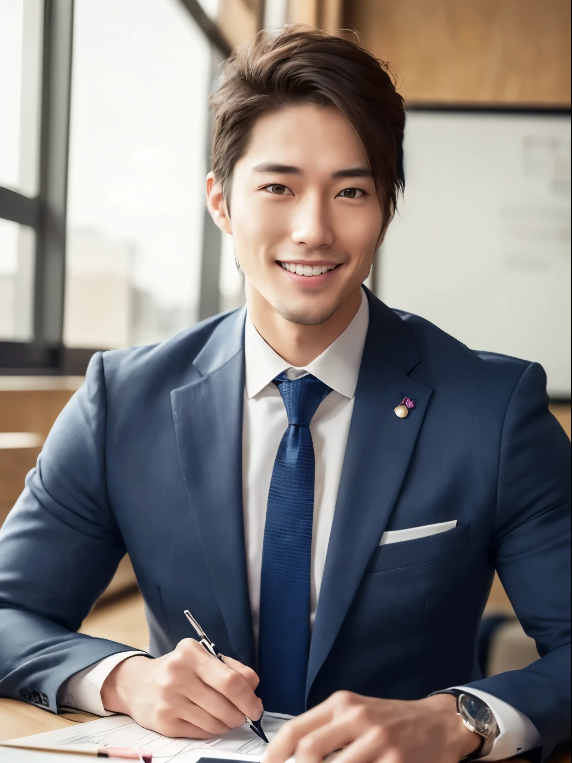 ((A 30-year-old brunette.Tall and handsome Japanese man like movie idol star.Smile, look into the camera, maintain eye contact))Drawing, A hyper-realistic, 8K, Extremely detailed, in the best quality, A Man,japanes , Unsupervised , in class room ,beautiful man , suits.
