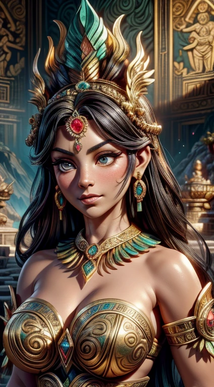 A woman in a costume with a large headpiece and a large headpiece (best quality,4k,8k,highres,masterpiece:1.2),detailed and vibrant,Aztec culture,ancient civilization,portraits,dark and mysterious,richly colored paintings,HDR,ultra-fine details,fierce warriors,sophisticated architecture,elaborate headdresses,exotic animals,ritualistic ceremonies,bronze sculptures,breathtaking landscapes,traditional textiles,ancient ruins,mythical gods,feathered serpent deity,mesmerizing jewelry,pyramids,sculpted hieroglyphics,sacred temples,dramatic lighting,artistically carved stone,powerful symbols,royal emperors,sacred rituals,colorful murals,extravagant costumes,cultural heritage,mystical ambiance,proud heritage,legendary tales,sacrifice,abundance of gold and precious stones,spiritual beliefs,vibrant celebrations,mesoamerican civilization,alluring art forms,detailed stone carvings,divine inspiration,lush tropical vegetation,ceremonial dances,luxurious royal palaces,enigmatic artifacts,historical legacy-bold and confident brushstrokes,majestic and grandiose,awe-inspiring architecture.