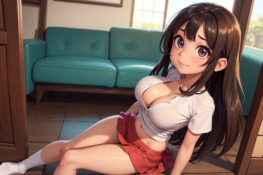 Ultra realistic , girl, obra maestra, mejor calidad, alta calidad, defined, detailed, HD, (piel morena), ojos definidos, ojos cafes intensos, long eyelashes, small mouth, sonrisa, very long hair, pelo liso, pelo oscuro, cuerpo reducido, bosom barely contained, big breasts, sexy, posando foto, pose lasciva, sin sostenes, no bra, excitada, pezones erectos, nice view, full body, perfect body, perfect legs, perfect hands, perfect fingers, abierta, mojada, sudada, caliente, tight, sonrojada, no socks, peinada hacia atras, petites, ((no skirts)), ((lil sister)), hot big sister, barely covering, lean, unaware, heat, no panties, (sexiest underwear barely wearing), view from above, looking up, upskirt, (no shirt)