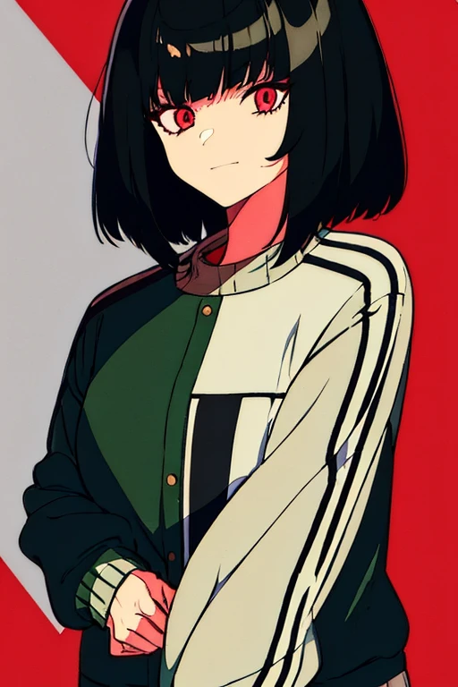 anime girl,medium messy black bob hair,red eyes,dark green varsity jacket with black arms,slight grin,grey sweatpants,white shoes,hot body,illustration,textured style,detailed background,professional,vivid colors,studio lighting,warm color tones,soft shadows