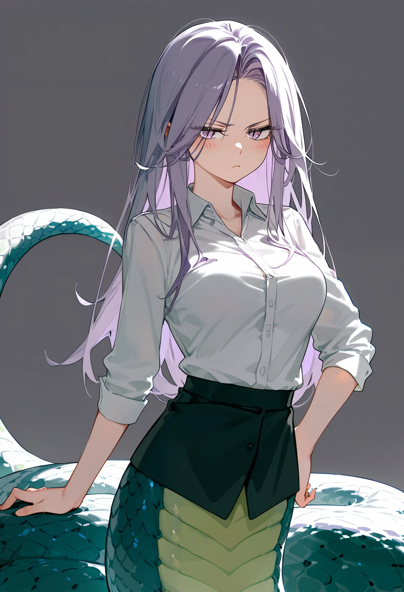 Masterpiece, best quality, zoom out, score_9, score_8_up, score_7_up, 1girl, solo, white hair, long hair, sidelocks, parted bangs, pale purple hair, wearing a shirt, collared shirt, Lamia, white scales tail, snake lower body, medium breasts, serious, blush, narrowed eyes, hand on own hip, cowboy shot, gray background, simple background