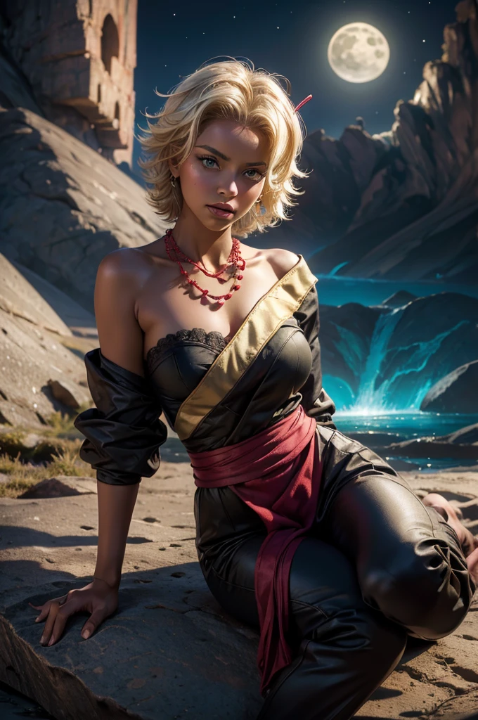 arslanaltan, stunning girlfriend, heart shaped face, elegant face, beautiful face, highly detailed face, highly detailed skin, skin pores, subsurface scattering, realistic pupils, full lips, detailed background, depth of field, atmospheric perspective, volumetric lighting, sharp focus, absurdres, realistic proportions, good anatomy, (realistic, hyperrealistic:1.4), 16k hdr, 1girl, blonde hair, short hair, green eyes, (dark skin, brown skin), hair ornament, sash, baggy pants, bandages, bare shoulders, necklace, (Masterpiece, Best Quality, Highres:1.2), Detailed, Intricate Details, 4K, solo, cowboy shot, high rating, sitting, cave entrance, underground pool, rocks, looking at viewer, night, stars, moon