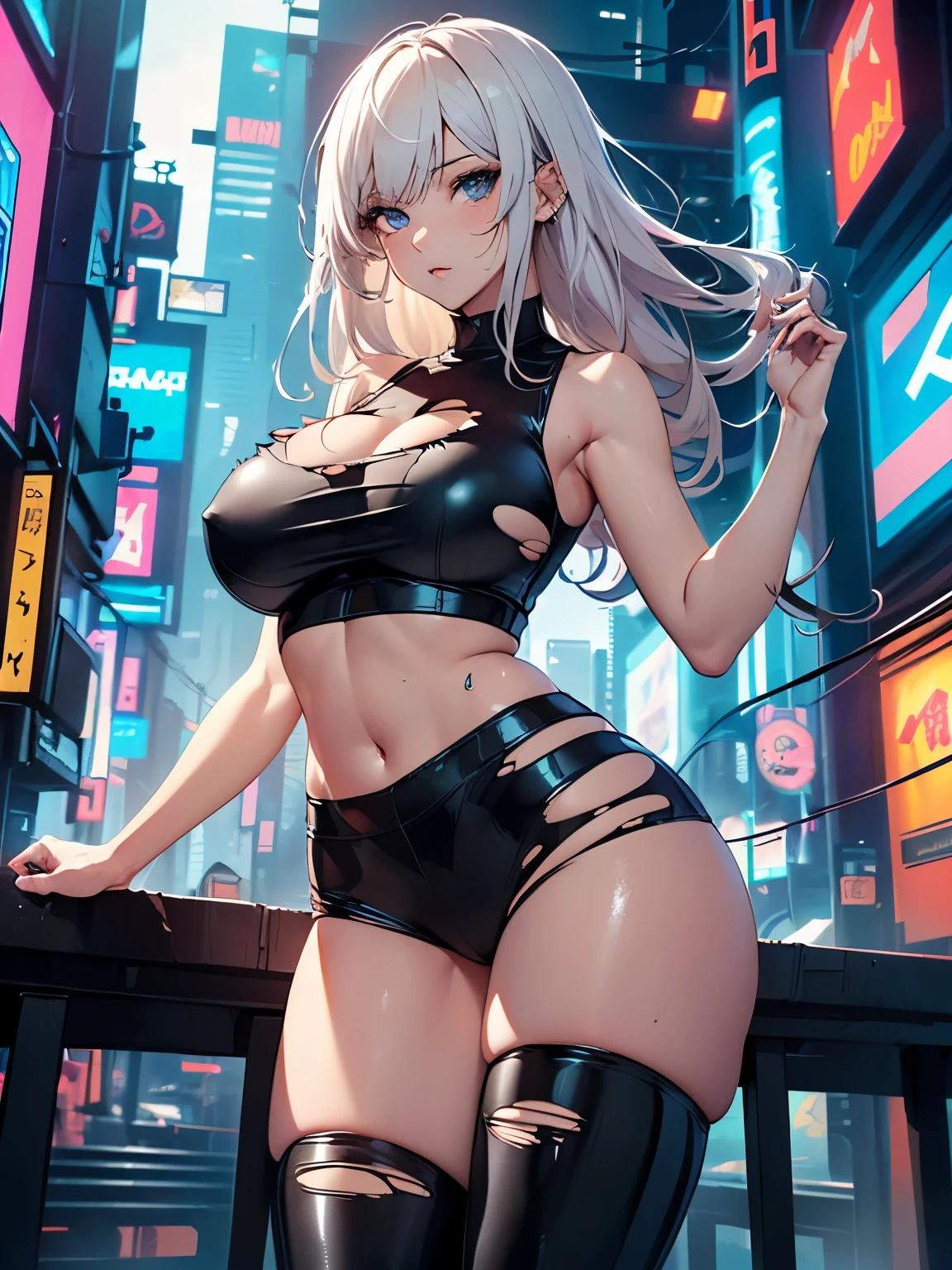 ((Seductive Anime Girl:1.3, solo))、((cyberpunk:1.2))、((dynamism:1.4))、((Meticulously drawn eye:1.5)), ((torn and ripped:1.2)), ((hot pants:1.4))、((open clothes))、((open legs:1.2))、((highleg:1.3))、absurdres, ultra-detailliert, digitial illustration, Meticulously drawn hair, (((Glossy realistic skin texture)))、Smooth texture、shiny skin、Seductive、((Being in midnight city:1.2))、((sleeveless:1.2))、 ((crop top navel:1.2))、((wedgie:1.2))、((huge hip:1.3))、((latex))、Sharp Focus