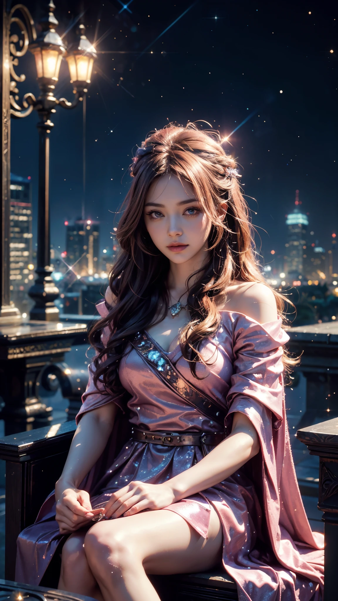 4k, UHD, masterpiece, 1 girl, good face, ((detailed eyes)), very long hair, impressive hairstyle, perfect brasts, fantasy cosplay, pink cosplay, strap cosplay, cape, night city, building, lamps, depth of field, reflection light, ((sparkle)), chromatic aberration, sitting on the chair,