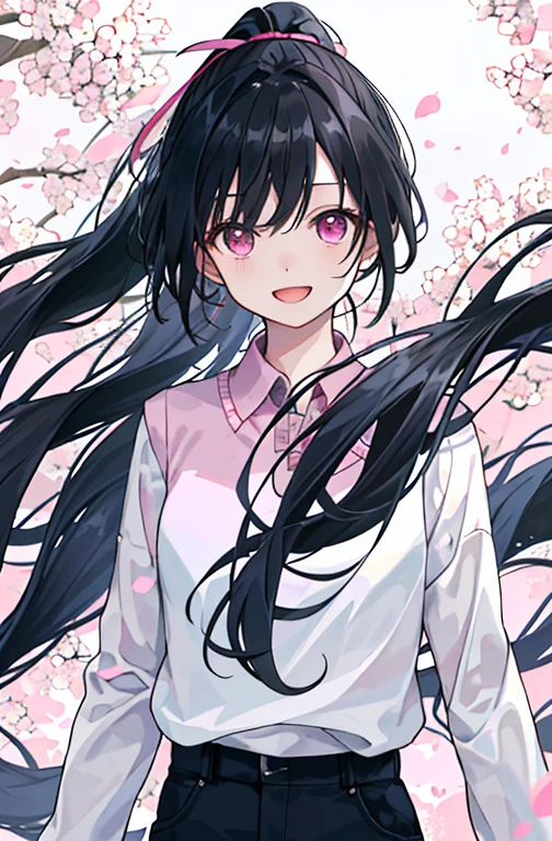 (masterpiece、Top quality、Implications、Very high quality、High level of image quality、Extremely sensitive writing),Girl with long black hair、Joyful expression、Hair blowing in the wind、High Ponytail、Pink eyes、Blue and pink shirt、Black trousers