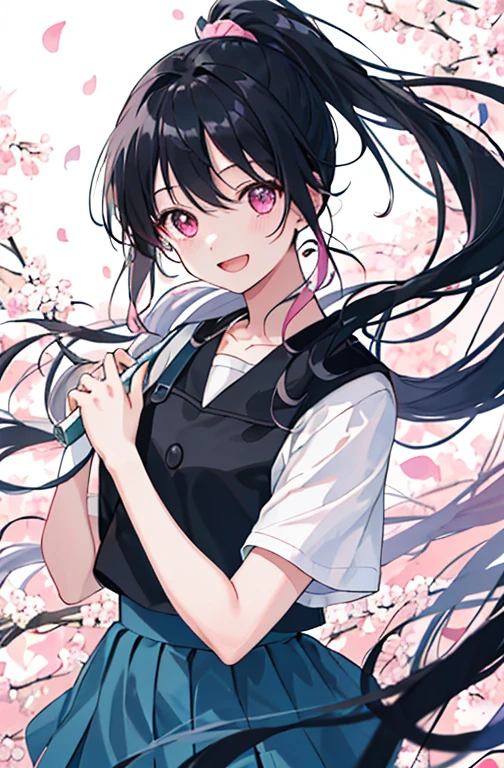(masterpiece、Top quality、Implications、Very high quality、High level of image quality、Extremely sensitive writing),Girl with long black hair、Joyful expression、Hair blowing in the wind、High Ponytail、Pink eyes、Blue and pink shirt、Black trousers