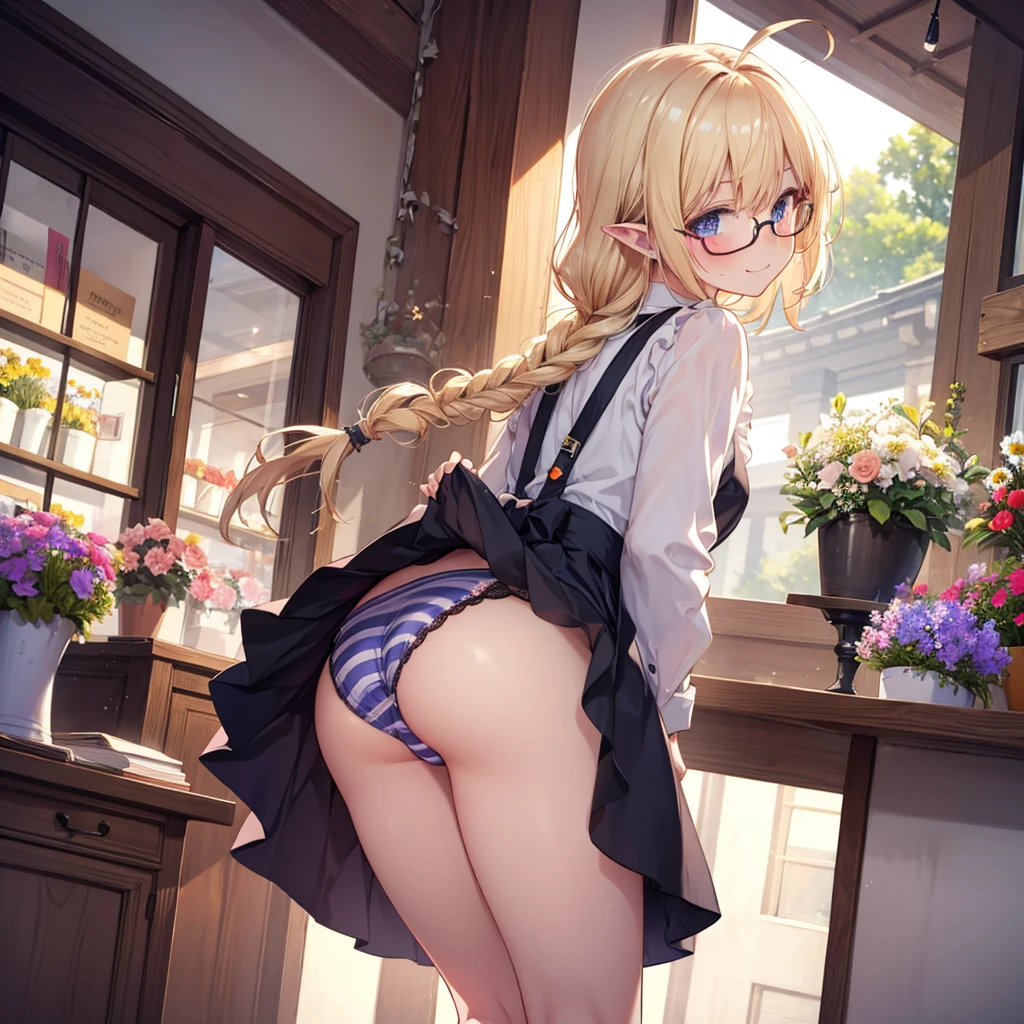 solo, blue eyes, beautiful detailed eyes, glossy blonde hair, from behind, looking back, ((leaning forward)), ((single braid)), ahoge, long hair, ((glasses)), pointy ears, blush, happy smile, ((flower shop)), ((apron)), shadow, dynamic lighting, light particle, sunlight, outdoor, many flowers, have a bouquet, sunny, ((ass focus)), from below, skirt, stripe panties