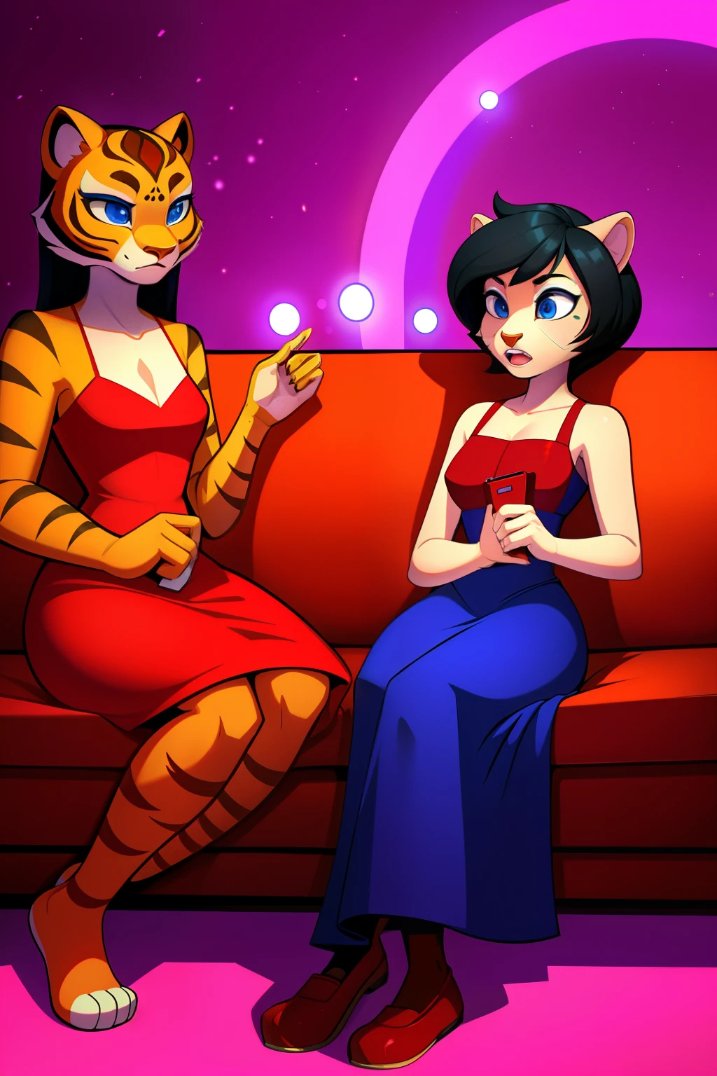 1 girl, hypnotized housewife, tigress anthro, black hair, blue eyes, empty eyes, red dress, sitting on couch, at home, mind-controlled, hypnotized, dazed, 3D Disney style