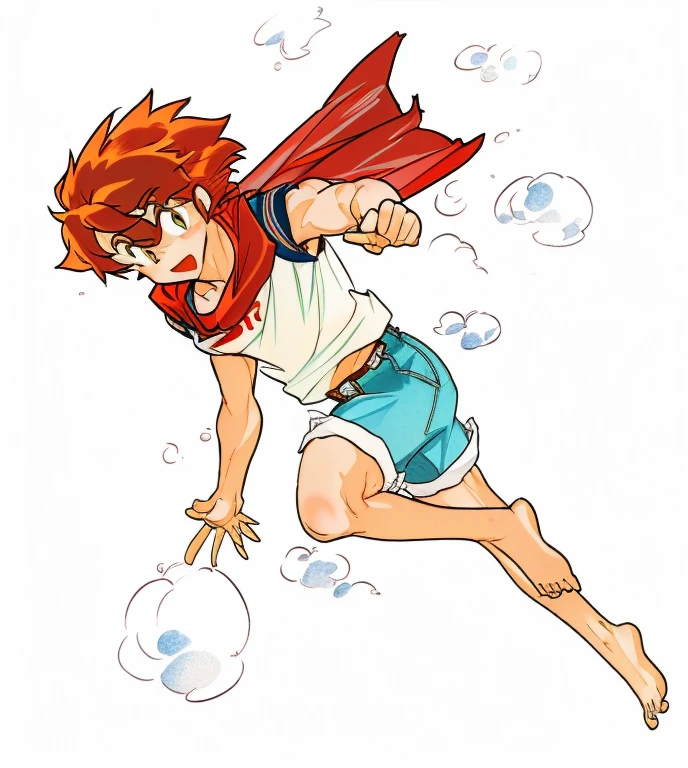 cute 12-years-old ginger irish kid boy, freckles, red scarf, faded white shirt, short blue denim shorts, athletic physique, strong body, barefoot