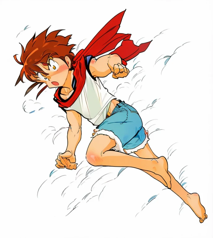 cute -yeld gin irish kid boy, fkles, red scarf, faded white shirt, short blue denim shorts, athletic physique, strong body, barefoot