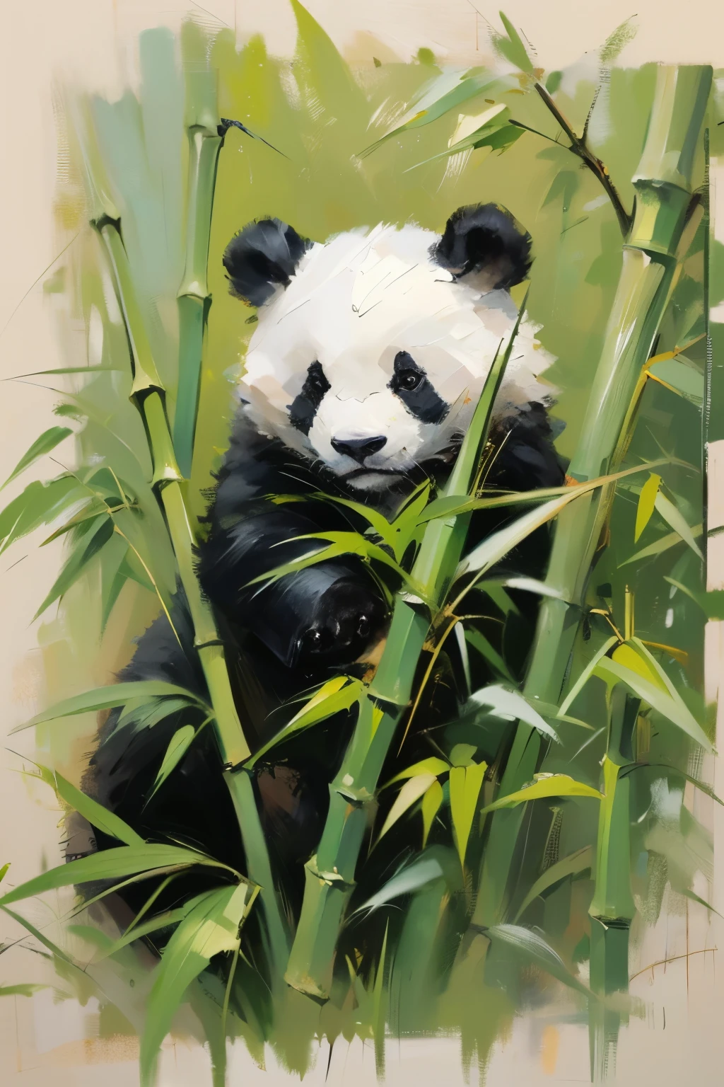 Bamboo, painting, impressionist style, nature, baby panda, green, black and white, texture, brushstrokes, canvas, vertical composition, art, serenity, cute, peaceful,