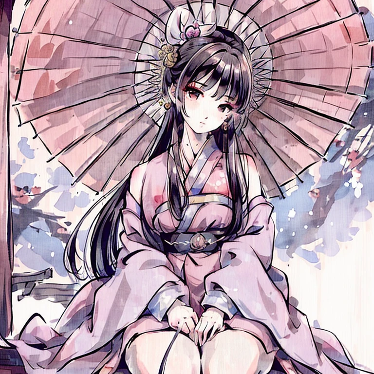 (best quality), Wulin Beauty,Beautiful handsome face,Beautiful girl in period costume,Umbrella in hand,Sitting in the pavilion,Chinese ink style,tall and straight,4K