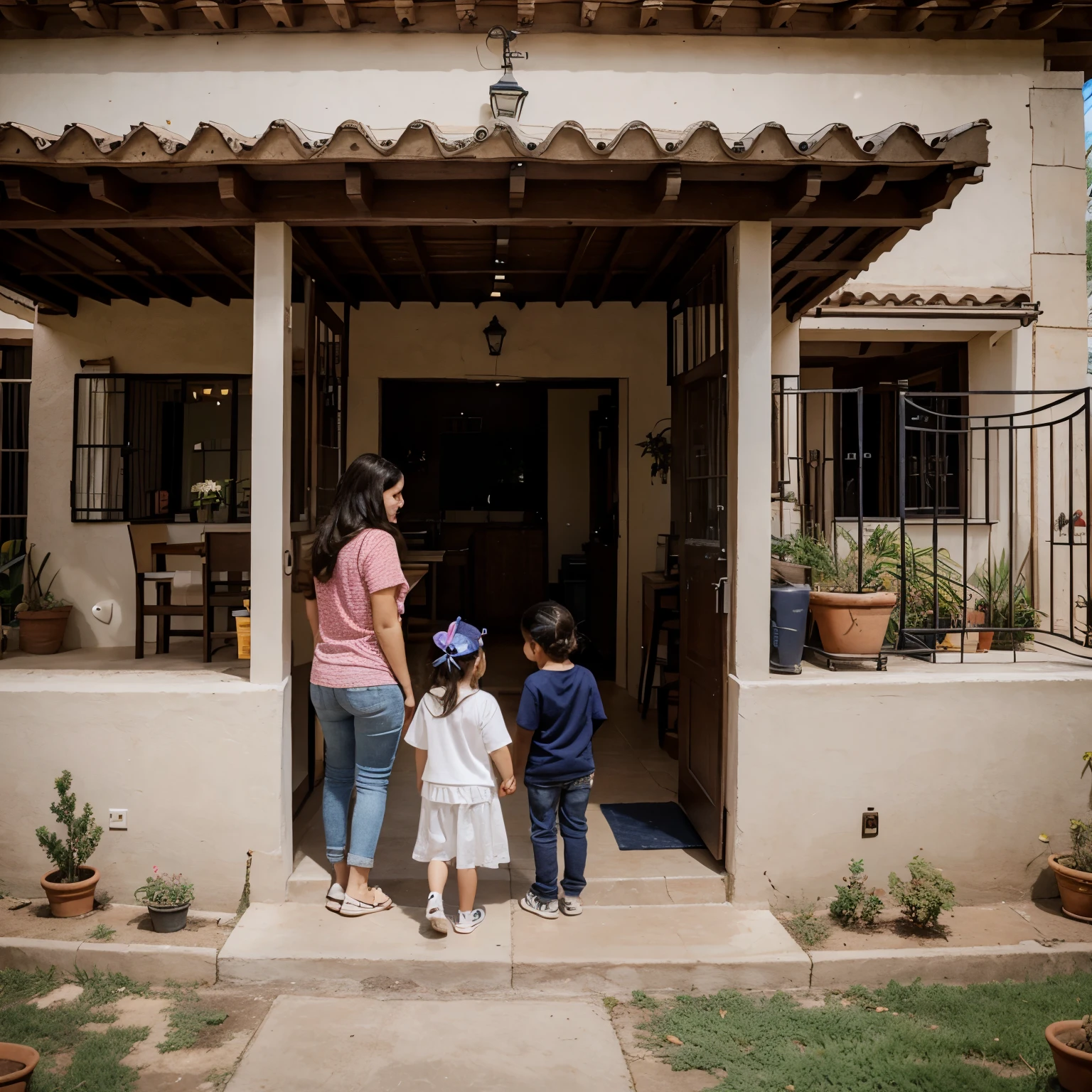 Padres, children, perros, birds and house