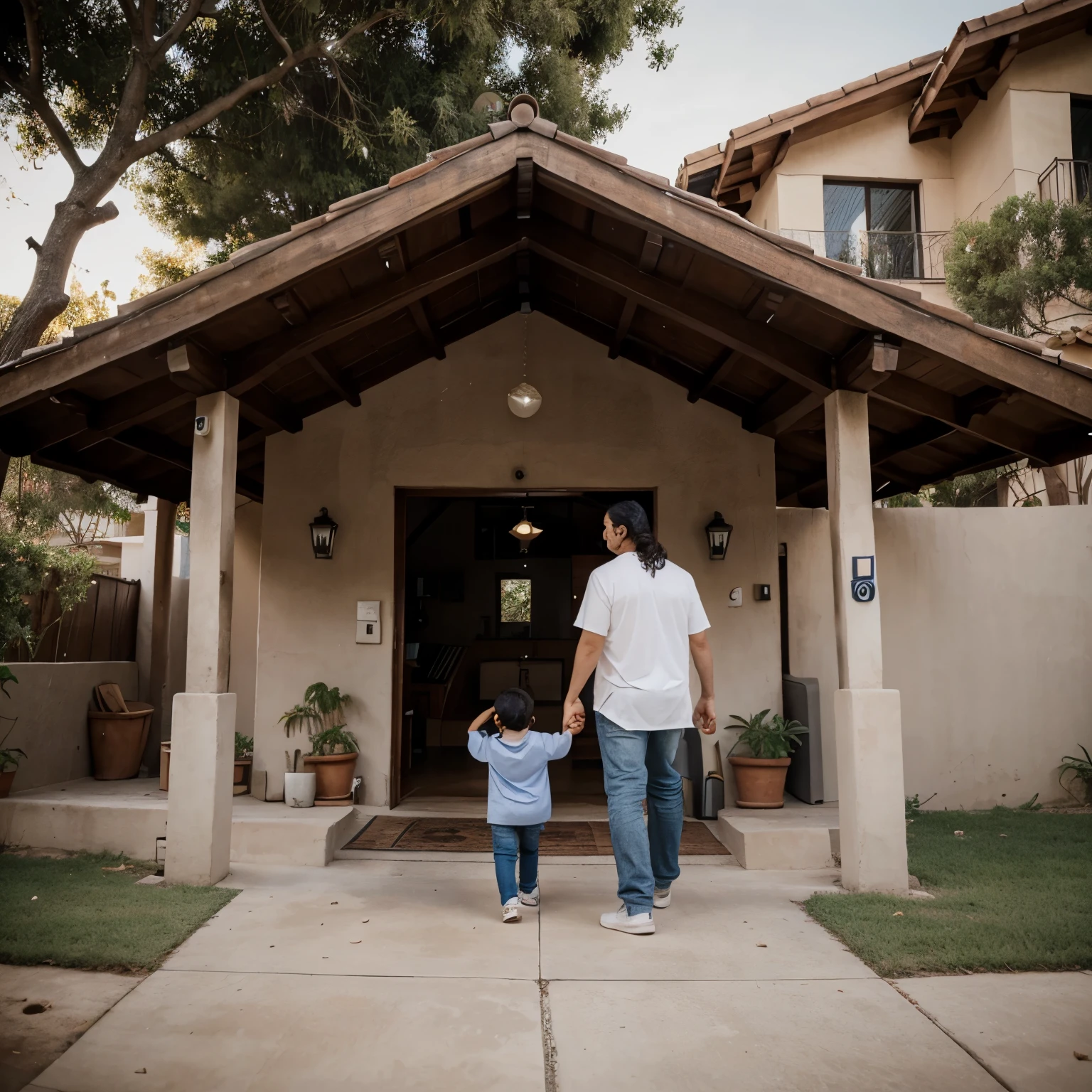 Padres, children, perros, birds and house