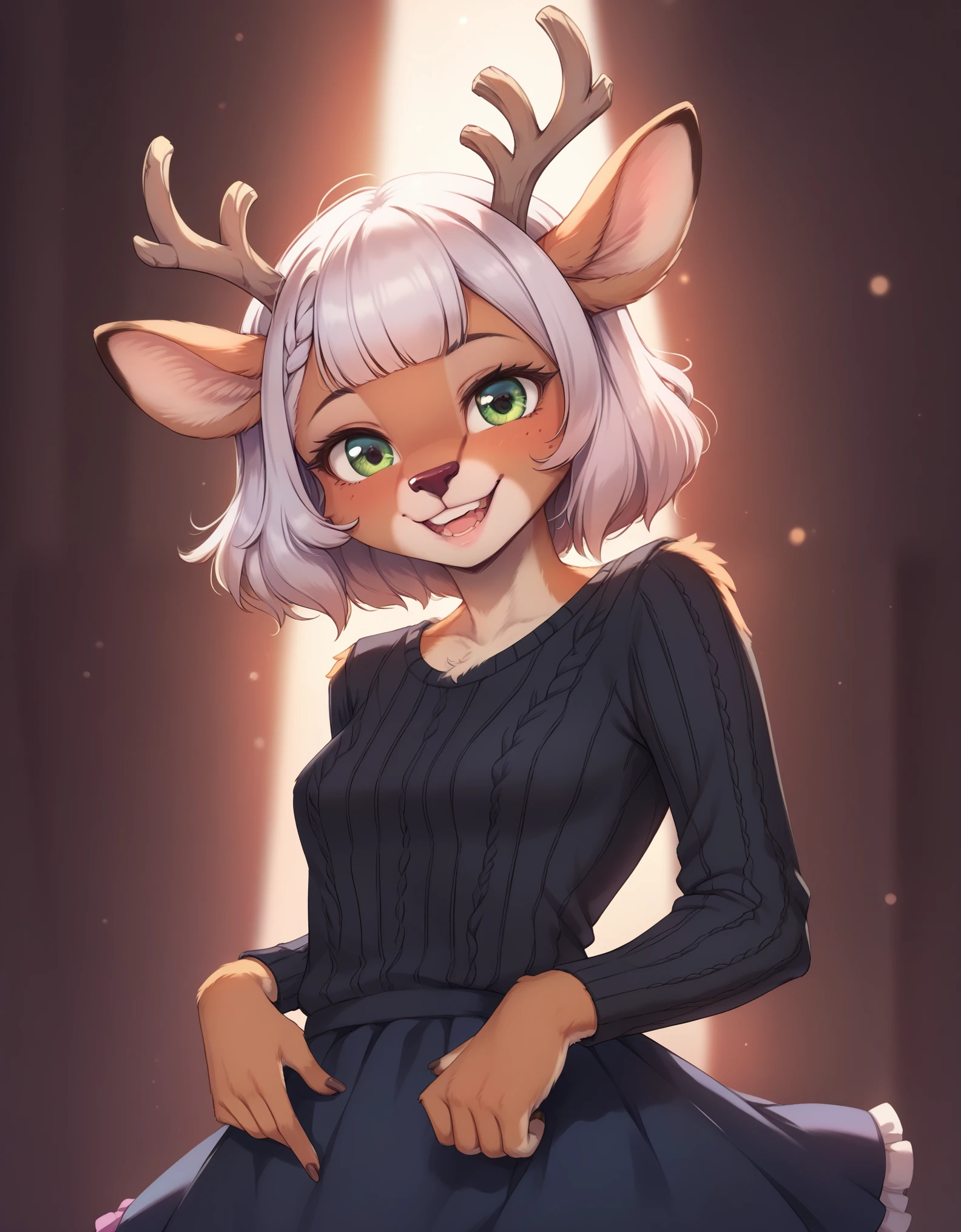 score_9, score_8_up, score_7_up, score_6_up, source_cartoon, noelle, furry female anthro, deer girl, teeth, standing, portrait, skirt, checkered sweater, solo, (body fur:1.2), (best quality), (abstract background:1.2), small breasts, dramatic lighting, (detailed fluffy fur:1.1), looking at viewer, smile, open mouth, 